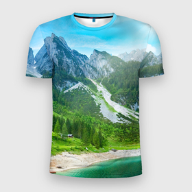 Мужская футболка 3D спортивная с принтом Альпийские горы в Новосибирске, 100% полиэстер с улучшенными характеристиками | приталенный силуэт, круглая горловина, широкие плечи, сужается к линии бедра | альпийские горы | альпы | гора | горы | озеро