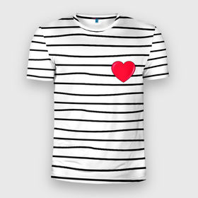 Мужская футболка 3D Slim с принтом Полоски с сердцем в Тюмени, 100% полиэстер с улучшенными характеристиками | приталенный силуэт, круглая горловина, широкие плечи, сужается к линии бедра | любовь | милый | модный | полоски | розовый | семья | сердце | чёрный