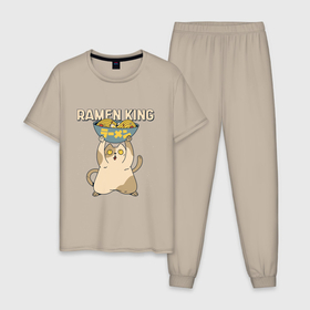 Мужская пижама хлопок с принтом Ramen King в Курске, 100% хлопок | брюки и футболка прямого кроя, без карманов, на брюках мягкая резинка на поясе и по низу штанин
 | Тематика изображения на принте: anime | cat | chubby | cute | kanji | kawaii | kitten | manga | sushi | анимешный | грааль | иероглифы | катакана | король | кот | котенок | котик | кошка | лапша | макароны | манга | милый | повелитель | пухлый | пухляш | рамен | суп