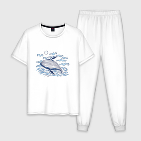 Мужская пижама хлопок с принтом Синий Кит в Белгороде, 100% хлопок | брюки и футболка прямого кроя, без карманов, на брюках мягкая резинка на поясе и по низу штанин
 | big | blue | dik | great | moby | ocean | sea | sun | wave | waves | whale | великий | волна | волны | день моря | день океана | дик | китобой | киты | левиафан | люблю китов | млекопитающее | моби | моби дик | море | морское чудовище 