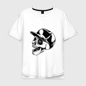 Мужская футболка хлопок Oversize с принтом Череп в кепке в Санкт-Петербурге, 100% хлопок | свободный крой, круглый ворот, “спинка” длиннее передней части | арт | белый | в кепке | вектор | кепка | рисунок | скелет | череп | чёрный