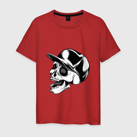 Мужская футболка хлопок с принтом Череп в кепке в Санкт-Петербурге, 100% хлопок | прямой крой, круглый вырез горловины, длина до линии бедер, слегка спущенное плечо. | арт | белый | в кепке | вектор | кепка | рисунок | скелет | череп | чёрный