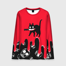 Мужской лонгслив 3D с принтом WHAT CAT в Кировске, 100% полиэстер | длинные рукава, круглый вырез горловины, полуприлегающий силуэт | art | black | black cat | cat | dark | dark cat | halloween | what | what cat | what mem | арт | кот | кот арт | кот мем | мем | нож | праздник | прикол | прикольный кот | убица | хэллоуин | чёрный | чёрный кот | что | что мем