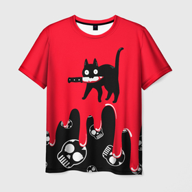 Мужская футболка 3D с принтом WHAT CAT в Тюмени, 100% полиэфир | прямой крой, круглый вырез горловины, длина до линии бедер | art | black | black cat | cat | dark | dark cat | halloween | what | what cat | what mem | арт | кот | кот арт | кот мем | мем | нож | праздник | прикол | прикольный кот | убица | хэллоуин | чёрный | чёрный кот | что | что мем