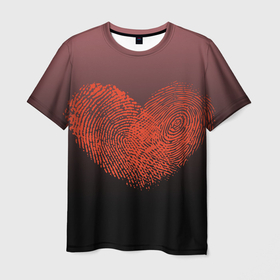 Мужская футболка 3D с принтом Сердце из отпечатков пальцев в Курске, 100% полиэфир | прямой крой, круглый вырез горловины, длина до линии бедер | Тематика изображения на принте: влюбленные | вместе | градиент | линии судьбы | любовь | он и она | отпечатки пальцев | пальчики | признание | сердце | следы