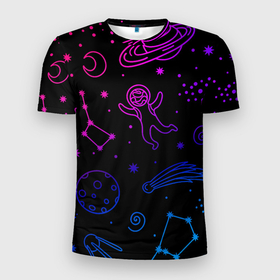 Мужская футболка 3D Slim с принтом Космический рисунок в Екатеринбурге, 100% полиэстер с улучшенными характеристиками | приталенный силуэт, круглая горловина, широкие плечи, сужается к линии бедра | astronaut | space | stars | звезды | комета | космический рисунок | космонавт | космонавтика | космос | лена | планеты | созвездия | спутник