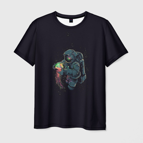 Мужская футболка 3D с принтом Космонавт в Тюмени, 100% полиэфир | прямой крой, круглый вырез горловины, длина до линии бедер | арт | астронавт | звезда | звёзды | инопланетная жизнь | инопланетянин | космонавт | космос | медуза | ночь | рисунок | скафандр