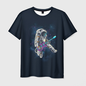 Мужская футболка 3D с принтом Космонавт с гитарой в Тюмени, 100% полиэфир | прямой крой, круглый вырез горловины, длина до линии бедер | арт | астронавт | гитара | гитарист | звезда | звёзды | космонавт | космос | ночь | рисунок | скафандр