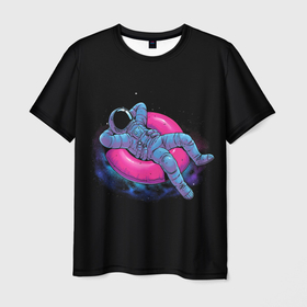 Мужская футболка 3D с принтом Отпуск космонавта в Тюмени, 100% полиэфир | прямой крой, круглый вырез горловины, длина до линии бедер | арт | астронавт | бублик | воздушный пончик | звезда | звёзды | космонавт | космос | надувной круг | ночь | отдых | отпуск | рисунок | скафандр