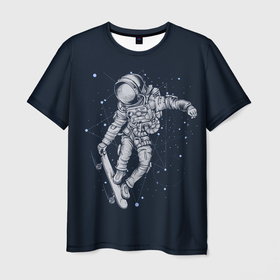 Мужская футболка 3D с принтом Космонавт на скейте в Новосибирске, 100% полиэфир | прямой крой, круглый вырез горловины, длина до линии бедер | арт | астронавт | звезда | звёзды | космический отдых | космонавт | космос | ночь | отдых | рисунок | скафандр | скейт | трюки на скейте