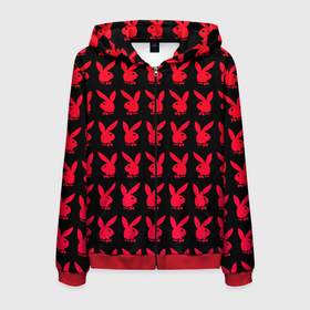 Мужская толстовка 3D на молнии с принтом playboy в Новосибирске, 100% полиэстер | длина до линии бедра, манжеты и пояс оформлены мягкой тканевой резинкой, двухслойный капюшон со шнурком для регулировки, спереди молния, по бокам два кармана | black | love | playboy | rabbit | red | красный | кролик. | любовь | плейбой | черный