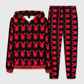 Мужской костюм 3D с принтом playboy в Курске, 100% полиэстер | Манжеты и пояс оформлены тканевой резинкой, двухслойный капюшон со шнурком для регулировки, карманы спереди | Тематика изображения на принте: black | love | playboy | rabbit | red | красный | кролик. | любовь | плейбой | черный