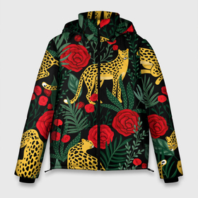 Мужская зимняя куртка 3D с принтом Леопарды и цветы в Санкт-Петербурге, верх — 100% полиэстер; подкладка — 100% полиэстер; утеплитель — 100% полиэстер | длина ниже бедра, свободный силуэт Оверсайз. Есть воротник-стойка, отстегивающийся капюшон и ветрозащитная планка. 

Боковые карманы с листочкой на кнопках и внутренний карман на молнии. | leopard | животные | звери | леопард | леопарды | листья | принт животных | принт с животными | природа | растения | роза | розы | тропики | хищники | цветок | цветы