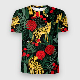 Мужская футболка 3D Slim с принтом Леопарды и цветы в Екатеринбурге, 100% полиэстер с улучшенными характеристиками | приталенный силуэт, круглая горловина, широкие плечи, сужается к линии бедра | leopard | животные | звери | леопард | леопарды | листья | принт животных | принт с животными | природа | растения | роза | розы | тропики | хищники | цветок | цветы