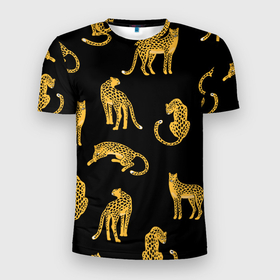 Мужская футболка 3D Slim с принтом Леопарды в Екатеринбурге, 100% полиэстер с улучшенными характеристиками | приталенный силуэт, круглая горловина, широкие плечи, сужается к линии бедра | leopard | дикие звери | животные | звери | коты | кошки | леопарды | хищники | черный
