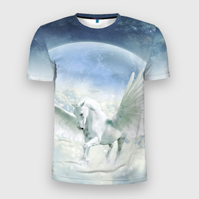 Мужская футболка 3D Slim с принтом Пегас в Санкт-Петербурге, 100% полиэстер с улучшенными характеристиками | приталенный силуэт, круглая горловина, широкие плечи, сужается к линии бедра | белая лошдь | белый конь | конь | лошадь | пегас