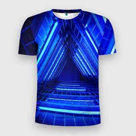 Мужская футболка 3D Slim с принтом Неоновый тоннель в Курске, 100% полиэстер с улучшенными характеристиками | приталенный силуэт, круглая горловина, широкие плечи, сужается к линии бедра | Тематика изображения на принте: неон | неоновый тоннель | тоннель | треугольник | треугольный коридор | фантастический тоннель