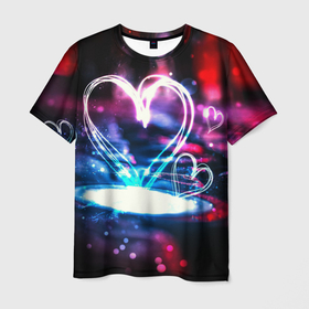 Мужская футболка 3D с принтом Неоновое сердце в Санкт-Петербурге, 100% полиэфир | прямой крой, круглый вырез горловины, длина до линии бедер | Тематика изображения на принте: любовь | неоновое сердце | неоновые сердечки | сердечки | сердце