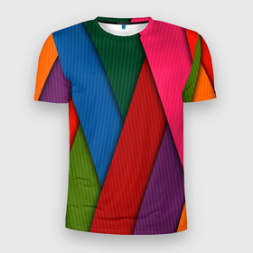 Мужская футболка 3D Slim с принтом Разноцветный узор в Санкт-Петербурге, 100% полиэстер с улучшенными характеристиками | приталенный силуэт, круглая горловина, широкие плечи, сужается к линии бедра | линии | полосы | разноцветные линии | разноцветный узор | узор | цвета