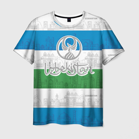 Мужская футболка 3D с принтом Узбекистан , 100% полиэфир | прямой крой, круглый вырез горловины, длина до линии бедер | architecture | city | crescent | eagle | flag | republic | silhouette | stars | uzbekistan | архитектура | город | звезды | орел | полумесяц | республика | силуэт | узбекистан | флаг