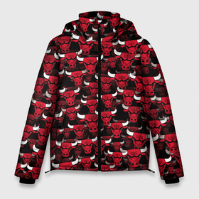 Мужская зимняя куртка 3D с принтом Быки Chicago Bulls в Новосибирске, верх — 100% полиэстер; подкладка — 100% полиэстер; утеплитель — 100% полиэстер | длина ниже бедра, свободный силуэт Оверсайз. Есть воротник-стойка, отстегивающийся капюшон и ветрозащитная планка. 

Боковые карманы с листочкой на кнопках и внутренний карман на молнии. | баскетбол | бык | корова | красный | нба | паттерн | рога | чикаго буллз