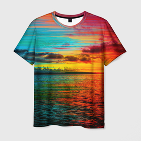 Мужская футболка 3D с принтом Glitch Sunset в Кировске, 100% полиэфир | прямой крой, круглый вырез горловины, длина до линии бедер | clouds | glitch | ocean | sea | sky | sun | sunset | water | вода | глитч | море | небо | облака | океан | солнце