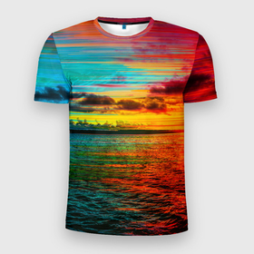 Мужская футболка 3D Slim с принтом Glitch Sunset в Петрозаводске, 100% полиэстер с улучшенными характеристиками | приталенный силуэт, круглая горловина, широкие плечи, сужается к линии бедра | Тематика изображения на принте: clouds | glitch | ocean | sea | sky | sun | sunset | water | вода | глитч | море | небо | облака | океан | солнце