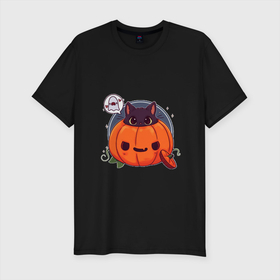 Мужская футболка хлопок Slim с принтом Киса в тыкве в Тюмени, 92% хлопок, 8% лайкра | приталенный силуэт, круглый вырез ворота, длина до линии бедра, короткий рукав | cat | halloween | kitty | киса | кот | котик | кошка | тыква | хэллоуин