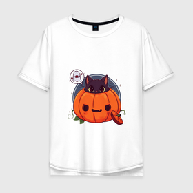 Мужская футболка хлопок Oversize с принтом Киса в тыкве в Санкт-Петербурге, 100% хлопок | свободный крой, круглый ворот, “спинка” длиннее передней части | cat | halloween | kitty | киса | кот | котик | кошка | тыква | хэллоуин