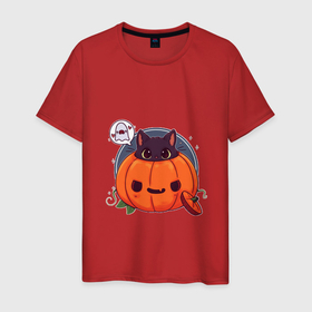 Мужская футболка хлопок с принтом Киса в тыкве в Петрозаводске, 100% хлопок | прямой крой, круглый вырез горловины, длина до линии бедер, слегка спущенное плечо. | cat | halloween | kitty | киса | кот | котик | кошка | тыква | хэллоуин