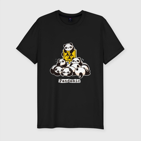 Мужская футболка хлопок Slim с принтом ПАНДАМИЯ в Новосибирске, 92% хлопок, 8% лайкра | приталенный силуэт, круглый вырез ворота, длина до линии бедра, короткий рукав | covid | panda | антиковид | вирус | ковид | кунг фу панда | пандемия | панды | по | туалетная бумага