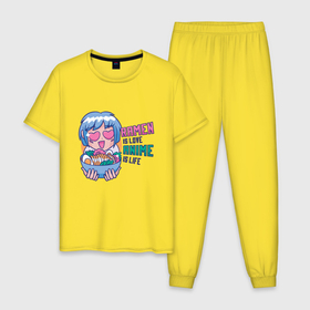 Мужская пижама хлопок с принтом Ramen is love Anime is life в Тюмени, 100% хлопок | брюки и футболка прямого кроя, без карманов, на брюках мягкая резинка на поясе и по низу штанин
 | Тематика изображения на принте: cute | fashion | japan | japanese | kanji | neko | waifu | вайфу | девушка | иероглифы | кавай | кавайи | кавайная | кандзи | катакана | лапша | любовь | милая | неко | нэко | нэкомусумэ | обжора | прикол | рамен | стиль | тренд