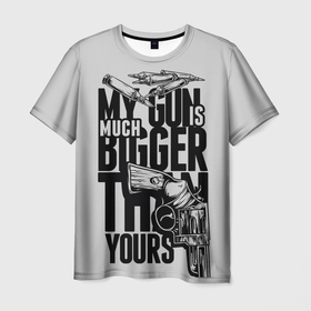 Мужская футболка 3D с принтом Моя пушка больше твоей в Новосибирске, 100% полиэфир | прямой крой, круглый вырез горловины, длина до линии бедер | Тематика изображения на принте: доминантность | мужские игрушки. | пистолеты | пушки | револьверы