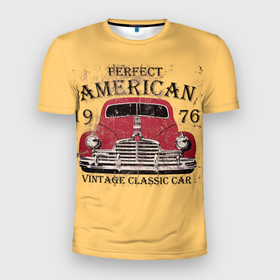 Мужская футболка 3D Slim с принтом Американский ретро автомобиль в Новосибирске, 100% полиэстер с улучшенными характеристиками | приталенный силуэт, круглая горловина, широкие плечи, сужается к линии бедра | автомобили семидесятых | винтаж. | винтажные автомобили | ретро | ретро авто