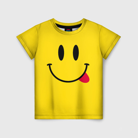 Детская футболка 3D с принтом Смайлик милый , 100% гипоаллергенный полиэфир | прямой крой, круглый вырез горловины, длина до линии бедер, чуть спущенное плечо, ткань немного тянется | Тематика изображения на принте: cheerful | emoticon | icon | joy | smile | tongue | веселый | значок | радость | смайлик | улыбка | язык