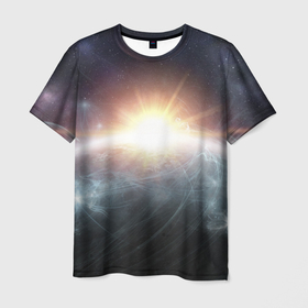 Мужская футболка 3D с принтом Космос в Курске, 100% полиэфир | прямой крой, круглый вырез горловины, длина до линии бедер | астрономия | вихрь | вселенная | космос | лучи солнца | свет солнца | солнце