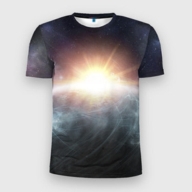 Мужская футболка 3D Slim с принтом Космос в Кировске, 100% полиэстер с улучшенными характеристиками | приталенный силуэт, круглая горловина, широкие плечи, сужается к линии бедра | астрономия | вихрь | вселенная | космос | лучи солнца | свет солнца | солнце