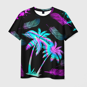 Мужская футболка 3D с принтом Неоновое лето , 100% полиэфир | прямой крой, круглый вырез горловины, длина до линии бедер | брызги | вселенная | детская | для девочки | космос | красота | лето | мальчик | неон | пальма | пальмы | перо | перышко | пляж | потерялся | радуга | яркая