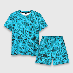Мужской костюм с шортами 3D с принтом GARDER ,  |  | abstraction | acidic | blue | lines | mesh | shapes | surface | texture | абстракция | кислотный | линии | поверхность | сетка | текстура | формы