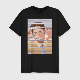 Мужская футболка хлопок Slim с принтом Офис в Новосибирске, 92% хлопок, 8% лайкра | приталенный силуэт, круглый вырез ворота, длина до линии бедра, короткий рукав | the office | джим халперт | дуайт шрут | офис | пэм бисли | сериал | сериалы | стив карелл