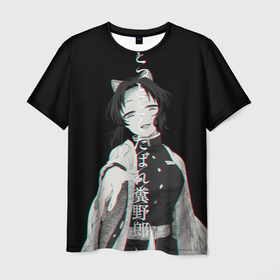 Мужская футболка 3D с принтом Shinobu Kochou в Белгороде, 100% полиэфир | прямой крой, круглый вырез горловины, длина до линии бедер | anime | black | demon slayer | glitch | shinobu kochou | white | аниме | белый | глитч | клинок рассекающий демонов. | черный | шинобу кочо