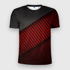 Мужская футболка 3D Slim с принтом CARBON STYLE в Белгороде, 100% полиэстер с улучшенными характеристиками | приталенный силуэт, круглая горловина, широкие плечи, сужается к линии бедра | Тематика изображения на принте: carbon | абстракция | иллюстрация | карбон | красный | линии | металл | полосы | популярные | современный | стиль | текстура | технология | узор | фон