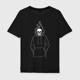 Мужская футболка хлопок Oversize с принтом Скелет в худи в Новосибирске, 100% хлопок | свободный крой, круглый ворот, “спинка” длиннее передней части | skull | звезды | космос | маг | скелет | стиль | хеллоуин | череп