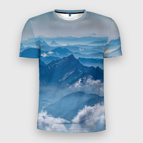 Мужская футболка 3D Slim с принтом Горы в Екатеринбурге, 100% полиэстер с улучшенными характеристиками | приталенный силуэт, круглая горловина, широкие плечи, сужается к линии бедра | Тематика изображения на принте: гора | гористый | горы | небеса | небо | облака | облако | пейзаж | пейзажи | туча | тучи | холм | холмистый | холмы