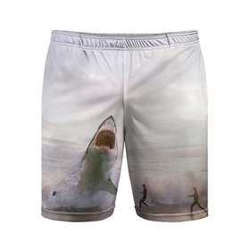 Мужские шорты спортивные с принтом Мегалодон в Петрозаводске,  |  | акула | акулы | волны | животное | животные | мегалодон | море | пейзаж | пейзажи | пляж | хищник | хищники