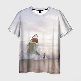 Мужская футболка 3D с принтом Мегалодон в Курске, 100% полиэфир | прямой крой, круглый вырез горловины, длина до линии бедер | Тематика изображения на принте: акула | акулы | волны | животное | животные | мегалодон | море | пейзаж | пейзажи | пляж | хищник | хищники