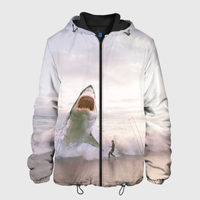 Мужская куртка 3D с принтом Мегалодон в Новосибирске, ткань верха — 100% полиэстер, подклад — флис | прямой крой, подол и капюшон оформлены резинкой с фиксаторами, два кармана без застежек по бокам, один большой потайной карман на груди. Карман на груди застегивается на липучку | Тематика изображения на принте: акула | акулы | волны | животное | животные | мегалодон | море | пейзаж | пейзажи | пляж | хищник | хищники