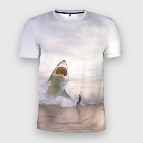 Мужская футболка 3D спортивная с принтом Мегалодон в Санкт-Петербурге, 100% полиэстер с улучшенными характеристиками | приталенный силуэт, круглая горловина, широкие плечи, сужается к линии бедра | Тематика изображения на принте: акула | акулы | волны | животное | животные | мегалодон | море | пейзаж | пейзажи | пляж | хищник | хищники