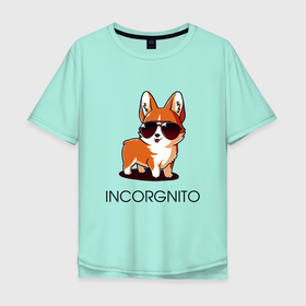 Мужская футболка хлопок Oversize с принтом ИНКОРГНИТО в Екатеринбурге, 100% хлопок | свободный крой, круглый ворот, “спинка” длиннее передней части | corgi | инкогнито | корги | кошка | очки | пушистый | собака | собачка | собачки