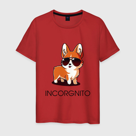 Мужская футболка хлопок с принтом ИНКОРГНИТО в Екатеринбурге, 100% хлопок | прямой крой, круглый вырез горловины, длина до линии бедер, слегка спущенное плечо. | Тематика изображения на принте: corgi | инкогнито | корги | кошка | очки | пушистый | собака | собачка | собачки